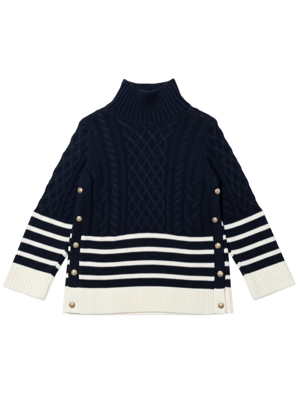 Tuckernuck Navy Striped Sankaty Turtleneck Size Small Cable Knit Button Sweater